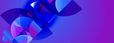 Soyut şekiller, canlı maviler, morlar dinamik kompozisyon oluşturur. Gradyan etkiler, hareket ve derinliği gösteriyor. Modern tasarım ögesi.