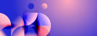 Üst üste binen daireler, kareler, gradyanlar içeren soyut kompozisyon. Mavi, pembe renkler tasarıma hakim, modern estetik yaratıyor..