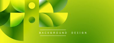 Soyut yeşil tasarım, üst üste binen şekiller, daireler, gradyanlar. Metin geometrik ögelerin altında arkaplan tasarımı okur.