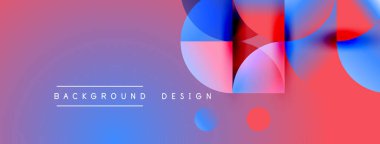 Abstract gradient background features overlapping circles, rectangles. Colors blend from blue to pink, creating dynamic visual effect. Text reads background design.