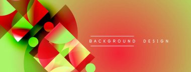 Soyut geometrik şekiller canlı renkleri harmanlarlar. Yeşilden kırmızıya geçiş. Metin arka plan tasarımı okur. Modern görsel kompozisyon.