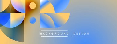 Soyut geometrik şekiller mavi ve sarı renkleri harmanlarlar. Modern tasarım üst üste binen daireler, gradyanlar içerir. Metin arkaplan tasarımı okur.