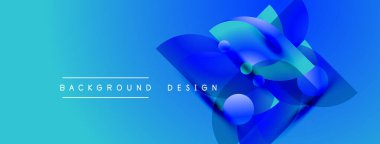 Abstract blue design features overlapping shapes, gradients. Text reads background design. Modern, vibrant visual composition.
