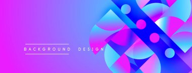 Canlı, soyut bir arkaplan. Üst üste binen şekiller dinamik görsel efekt yaratır. Mor, mavi renkler kompozisyona hakim. Modern tasarım ögesi.