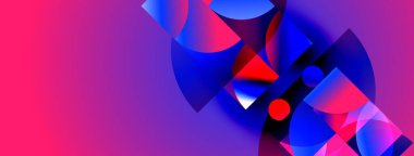 Canlı geometrik şekiller içeren soyut bir kompozisyon. Pembe, mavi, kırmızı renkler harmanlanarak dinamik bir görsel ilgi yaratıyor. Modern tasarım.