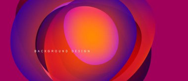 Soyut katmanlar canlı dairesel tasarım yaratır. Renkler mor, turuncu ve kırmızıdan karışıyor. Dijital projeler için modern arkaplan.