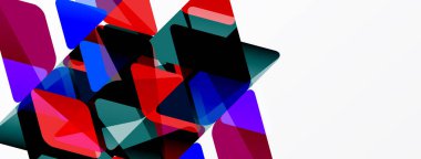 Soyut geometrik şekiller örtüşür, canlı renk karışımları yaratır. Kompozisyonda beyaza karşı kırmızı, mavi, mor renkler yer alır. Dinamik, modern tasarım.