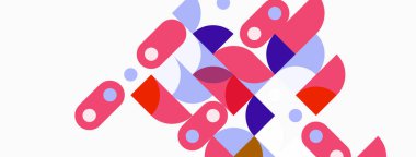 Soyut geometrik şekiller örtüşür ve canlı bir bileşim yaratır. Pembe, mor, mavi renkler nötr arkaplana hakim. Modern tasarım.