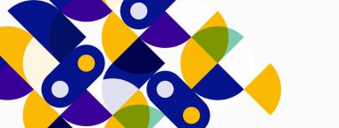 Soyut geometrik şekiller örtüşüyor, canlı renk kalıpları yaratıyor. Sarı, mor, mavi, yeşil baskın kompozisyon. Modern tasarım.