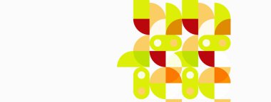 Soyut geometrik şekiller, canlı renkler, üst üste binen şekiller oyuncu desenler oluşturur. Minimalist tasarım, modern estetik, temiz kompozisyon.