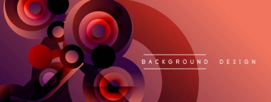 Soyut çemberler harmanlanarak dinamik bir değişim etkisi yaratır. Kırmızı, mor, beyaz renkler kompozisyona hakim. Modern tasarım ögesi.
