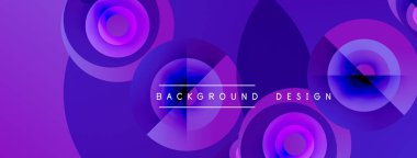 Soyut mor tasarım, üst üste binen daireler, gradyanlar. Metin, kompozisyon içerisindeki arkaplan tasarımını okur. Modern, canlı estetik..