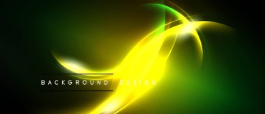 Parlak neon kıvrımlar koyu arkaplanı aydınlatır. Canlı sarı, yeşil renkler dinamik görsel efekt yaratır. Modern tasarım ögesi.