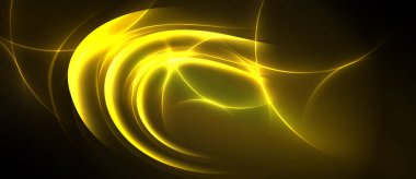 Altın girdaplar koyu arkaplanı aydınlatır. Soyut tasarım enerji, hareket ve ışık efektlerini çağrıştırıyor. Düz eğriler dinamik görsel etki yaratır.