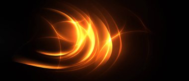 Soyut turuncu girdaplar, dinamik enerji, karanlık arka plan. Parlak çizgiler akışkan, kıvrımlı şekiller yaratır. Sıcak tonlar kompozisyona hakim olur..