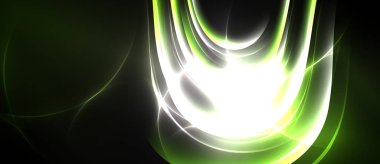 Soyut aydınlatma tasarımı. Parlak merkez enerji yayar, kıvrımlar akar, karanlık arka plan parıltıyı arttırır. Modern dijital sanat kompozisyonu.