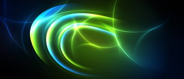 Parlak soyut girdaplar, parlak kıvrımlar, canlı yeşil, mavi renkler koyu arkaplana hakim. Enerji akıyor, dinamik bileşim.