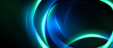 Soyut neon ışıklar koyu arkaplan üzerinde kıvrımlı şekiller oluşturur. Canlı mavi, turkuaz renkler dinamik görsel efekt yaratır.