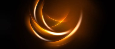 Soyut turuncu kıvrımlar koyu arkaplanda parlar. Düz çizgiler dinamik, parıldayan görsel efektler yaratır. Sıcak tonlar kompozisyona hakim.