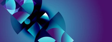 Soyut geometrik şekiller örtüşür, dinamik mavi mor gradyanlar yaratır. Modern tasarım derinliği, hareketi, teknolojiyi çağrıştırıyor.