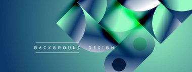 Soyut geometrik şekiller örtüşür, parlak mavi, yeşil eğimler yaratır. Metin, formların altındaki arkaplan dizaynını okur. Modern görsel kompozisyon.
