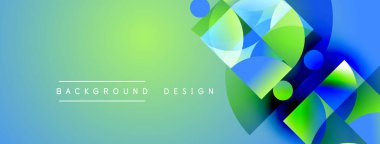 Soyut geometrik şekiller canlı mavi ve yeşil renkleri harmanlarlar. Modern tasarım dijital sanatı, temiz estetiği öneriyor. Arkaplan gradyan etkisi.