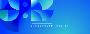 Soyut mavi şekiller modern arkaplan oluşturur. Grafik renkler, üst üste binen formlar dinamik tasarımı akla getiriyor. Basit metin etiketleri alt merkez.