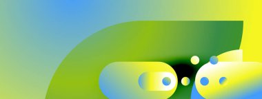 Soyut tasarım canlı gradyanlar içerir. Yeşil, sarı, mavi şekiller dinamik bileşim oluşturur. Kabarcıklar oyuncu dokunuşlar ekler.