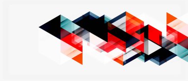 Soyut geometrik şekiller örtüşür, dinamik görsel doku oluşturur. Kırmızı, siyah, mavi tonlar beyaz arkaplana hükmediyor. Modern tasarım ögesi.