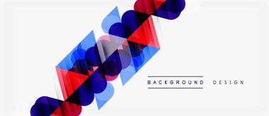 Soyut geometrik şekiller örtüşüyor, canlı kırmızı ve mavi renkler yaratıyor. Beyaz arkaplanlı minimalist tasarım, mevcut metin ögeleri.