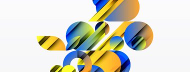 Üst üste binen daireler ve çizgiler içeren soyut bir kompozisyon. Canlı mavi, sarı, turuncu renkler beyaz arkaplana hakim. Modern tasarım elemanları.