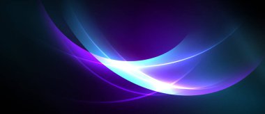 Soyut ışık kıvrımları akar ve enerjik bir enerji yaratır. Koyu arkaplan parlak mor, deniz mavisi renkleri vurgular. Yumuşak gradyanlar biçimi tanımlar.