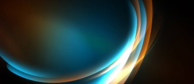 Soyut akışkan şekiller, canlı maviler, portakallar, beyazlar dinamik görsel efektler yaratır. Yumuşak eğimler hareketi, enerjiyi gösterir.