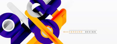 Soyut geometrik şekiller, canlı renkler, modern tasarım. Turuncu, mor, beyaz elementler dinamik bileşim oluşturur. Minimalist stil.