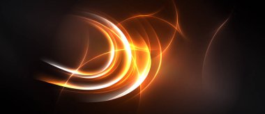 Parlak turuncu çizgiler koyu arkaplan üzerinde eğridir. Soyut tasarım enerji, hareket ve ışık efektlerini çağrıştırıyor. Yumuşak gradyanlar görsel ilgi yaratır.