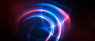 Parlak soyut çizgiler dönen şekiller oluşturur. Canlı mavi, pembe, kırmızı renkler koyu arkaplana hakim. Enerji merkezi noktadan yayılıyor.