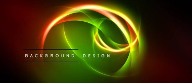 Soyut parlak girdaplar, canlı renkler harmanlanmış. Karanlık arka plan parlak enerjiyi, modern tasarım elementini vurgular. Metin arkaplan tasarımı okur.