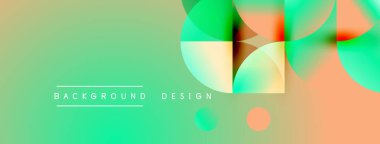 Soyut eğim arkaplanı. Üst üste binen daireler, kareler dinamik görsel efektler yaratır. Metin arka plan tasarımı okur. Parlak renkler kompozisyona hakim.