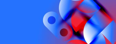 Abstract shapes overlap, creating vibrant blue, red gradients. Smooth curves suggest movement, depth within simple composition.
