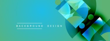 Soyut geometrik şekiller örtüşüyor, canlı deniz mavisi ve yeşil eğimler yaratıyor. Sancaklar ve arkaplanlar için uygun modern tasarım ögesi.