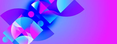 Soyut geometrik şekiller örtüşüyor, canlı mor, mavi renkler yaratıyor. Modern tasarım, dinamik kompozisyon, dijital çizim.