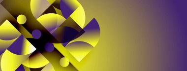 Soyut kompozisyon, üst üste binen daireler, gradyanlar. Sarı, mor dinamik görsel efekt yaratır. Modern tasarım ögesi.