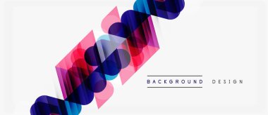 Soyut geometrik şekiller örtüşür, dinamik görsel akış yaratır. Mavi, pembe, mor renkler beyaz arkaplana hakim. Modern tasarım ögesi.