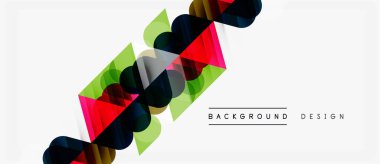 Soyut geometrik şekiller örtüşür, canlı renkli tasarım yaratır. Beyaz arka planlı minimalist tarz, modern estetik.