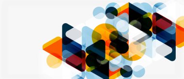 Soyut geometrik şekiller örtüşür, canlı renk karışımları yaratır. Modern tasarım şeffaflığı, derinliği ve görsel çıkarı kullanır..