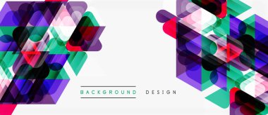 Soyut geometrik şekiller, canlı renkler, modern tasarım. Üst üste binen katmanlar dinamik görsel efekt yaratır. Beyaz alan denge sağlar.