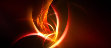 Soyut tasarım canlı turuncu ve kırmızı parıltılara sahiptir. Dönen çizgiler dinamik enerji yaratır, karanlık arka planla çelişir. Modern, sanatsal izlenim.