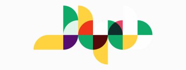 Soyut renkli şekiller birbirine bağlı desenler oluşturur. Geometrik tasarım üst üste binen yarı daireler kullanır, dinamik görsel akış yaratır.