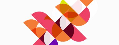 Soyut geometrik şekiller örtüşüyor, canlı renk kalıpları yaratıyor. Pembe, turuncu, mor renkler kompozisyona hakim. Modern tasarım.