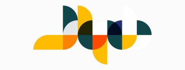 Soyut geometrik şekiller, canlı renkler, modern tasarım. Kompozisyon üst üste binen yarı daireler, dinamik görsel ritim oluşturur.